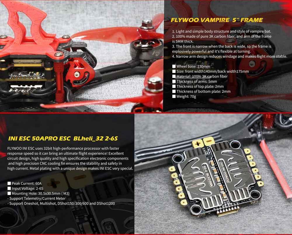 FLYWOO Vampire 230mm 6S FPV Racing RC Drone w/F4 50A Blheli_32 600mW VTX Foxeer Arrow Mini Pro PNP - Without Receiver