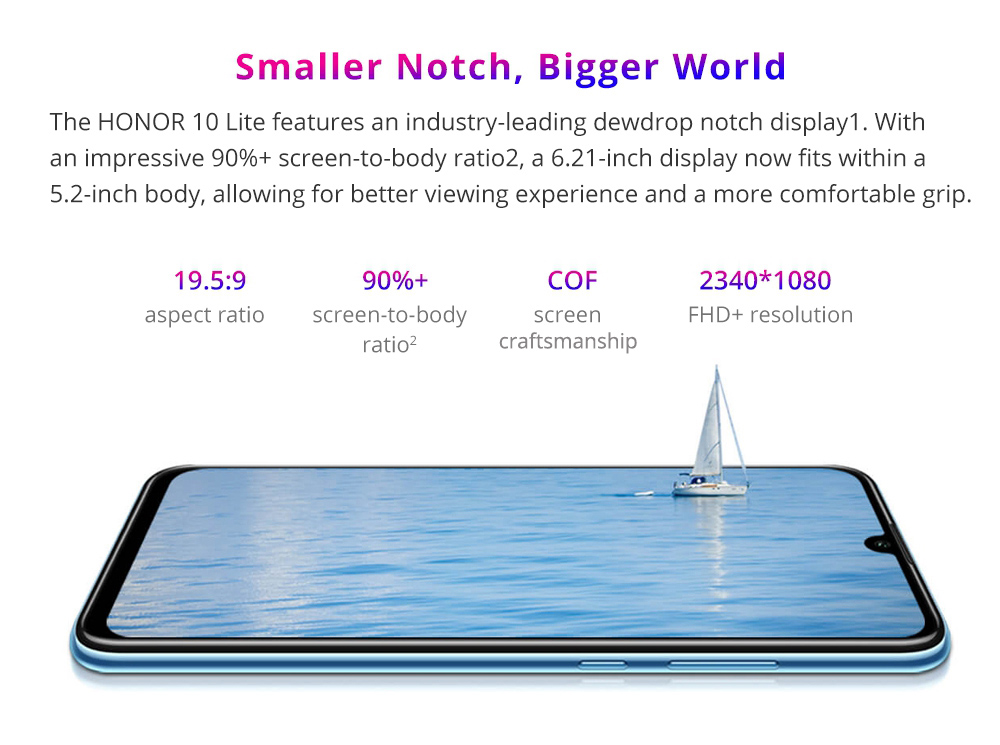 HUAWEI Honor 10 Lite 6.21 Inch 4G LTE Smartphone Kirin 710 3GB 64GB 13.0MP+2.0MP Dual Rear Cameras Android 9.0 Touch ID Global Version - Black