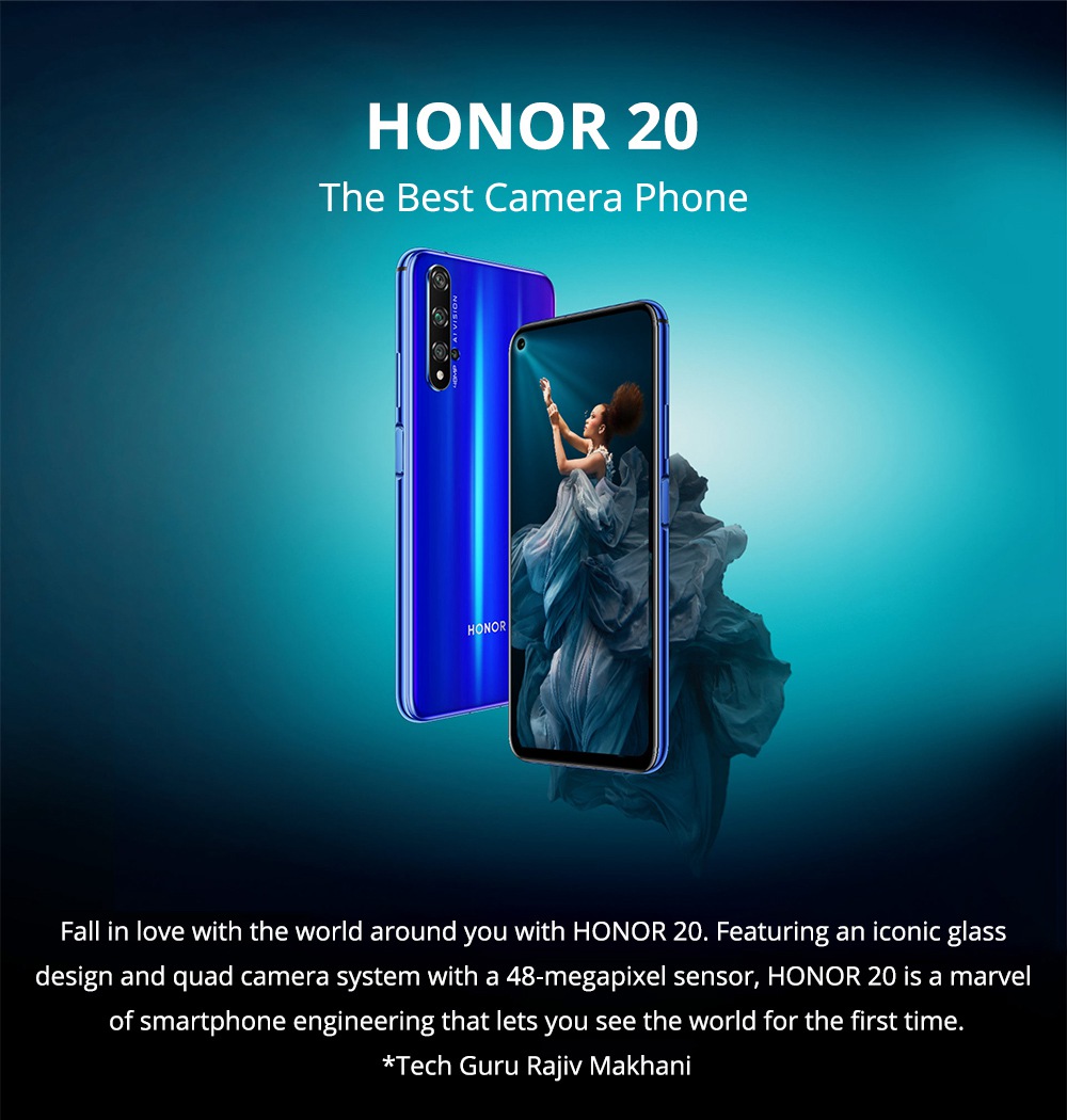 Huawei Honor 20 6.26 Inch 4G LTE Smartphone Kirin 980 8GB 256GB 48.0MP + 16.0MP + 2.0MP Triple Rear Cameras Android 9 Fast Charging Side-mounted Fingerprint - White