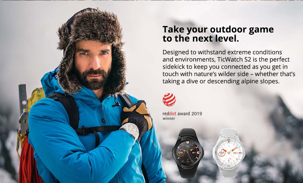 Ticwatch S2 Sports Smartwatch Wear OS by Google 1.39" AMOLED Display 5ATM Water Resistant MIL-STD-810G Built-in GPS 24/7 Hours Heart Rate Monitor - Black