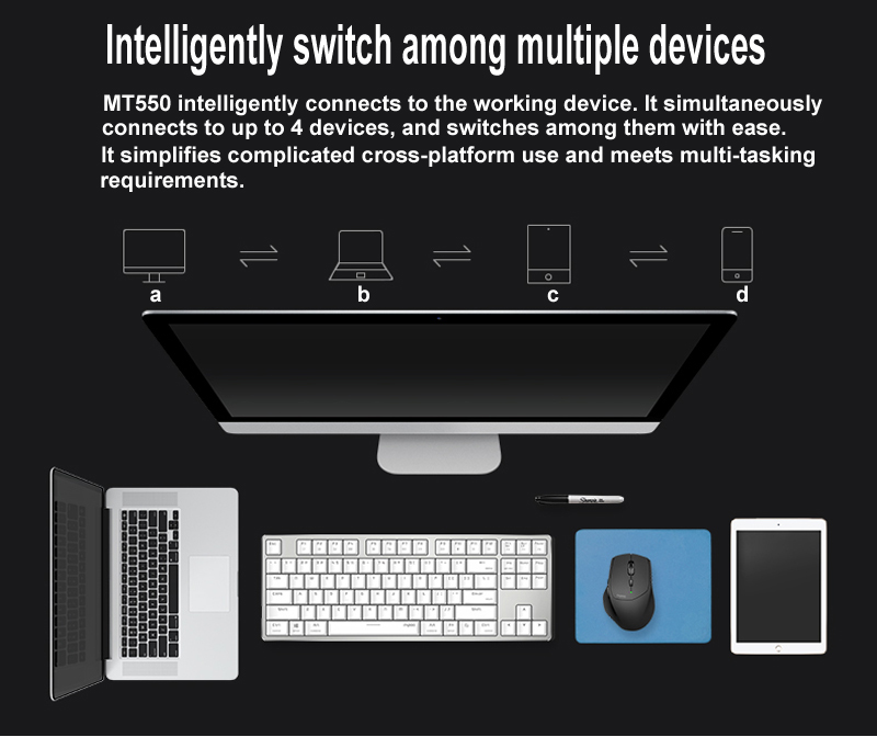 Rapoo MT750S Multimode Wireless Rechargeable Laser Mouse 2.4GHz Bluetooth 3.0/4.0 3200DPI for Four Devices Connection - Black
