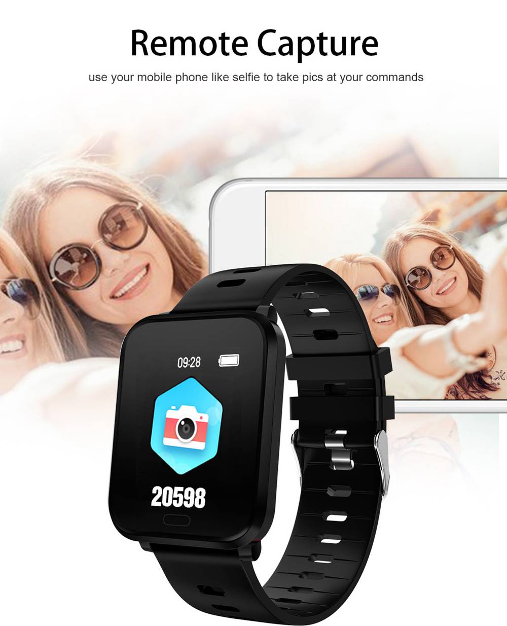 Makibes K10 Smartwatch Remote Camera 1.3 Inch Screen IP68 Water Resistant Heart Rate Blood Pressure Monitor - Black