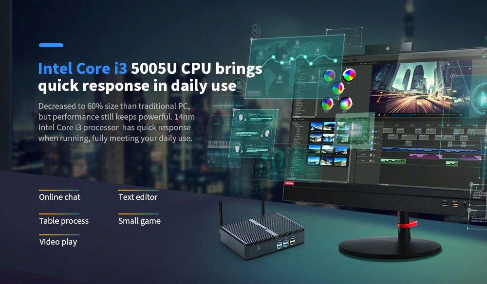 HYSTOU H2 Intel Core i3-5005U 8G RAM 128G SSD Fanless Mini PC 2.4G+5G WIFI 1000M LAN USB3.0 HDMI+VGA - Black