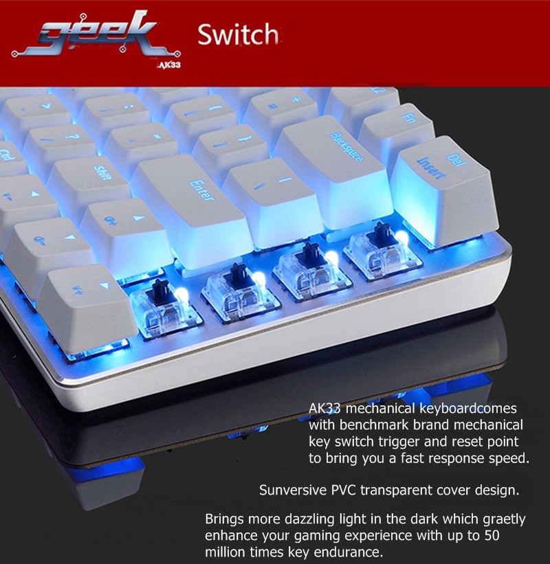 Ajazz AK33 Wired Mechanical Keyboard Black Switches Full White Backlight 82 Keys - Black