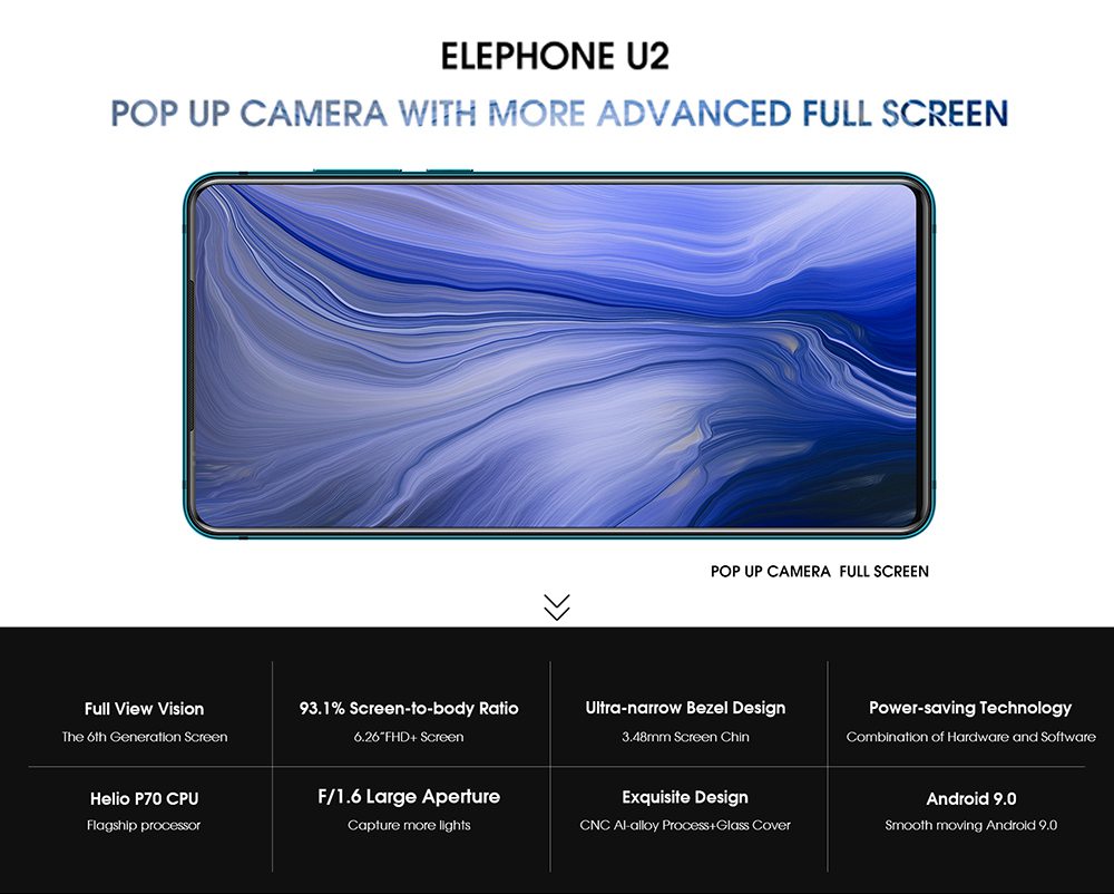 Elephone U2 6.26 Inch Mobile Phone Android 9.0 MT6771T P70 Octa Core FHD+ 6GB 128GB 16MP 3250mah Smartphone