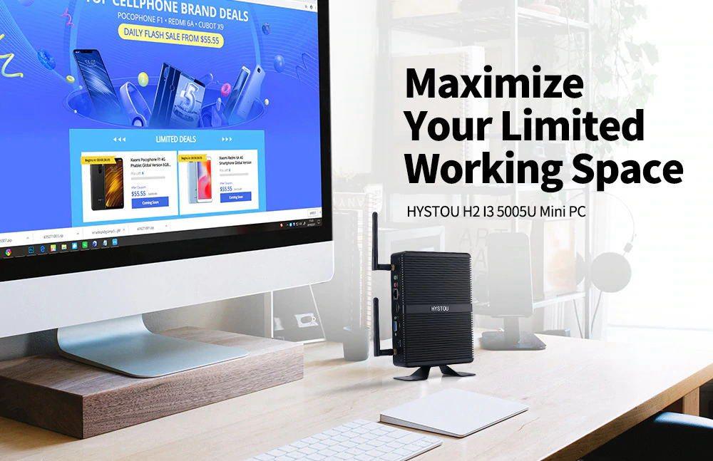HYSTOU H2 Intel Core i3-5005U 8G RAM 128G SSD Fanless Mini PC 2.4G+5G WIFI 1000M LAN USB3.0 HDMI+VGA - Black