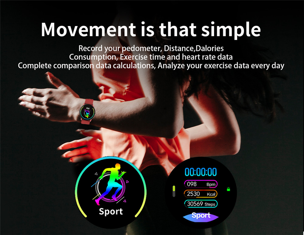 Makibes Q20 Smartwatch Blood Pressure Monitor 1.22 Inch IPS Screen IP67 Water Resistant Heart Rate Sleep Tracker Silicon Strap - Black