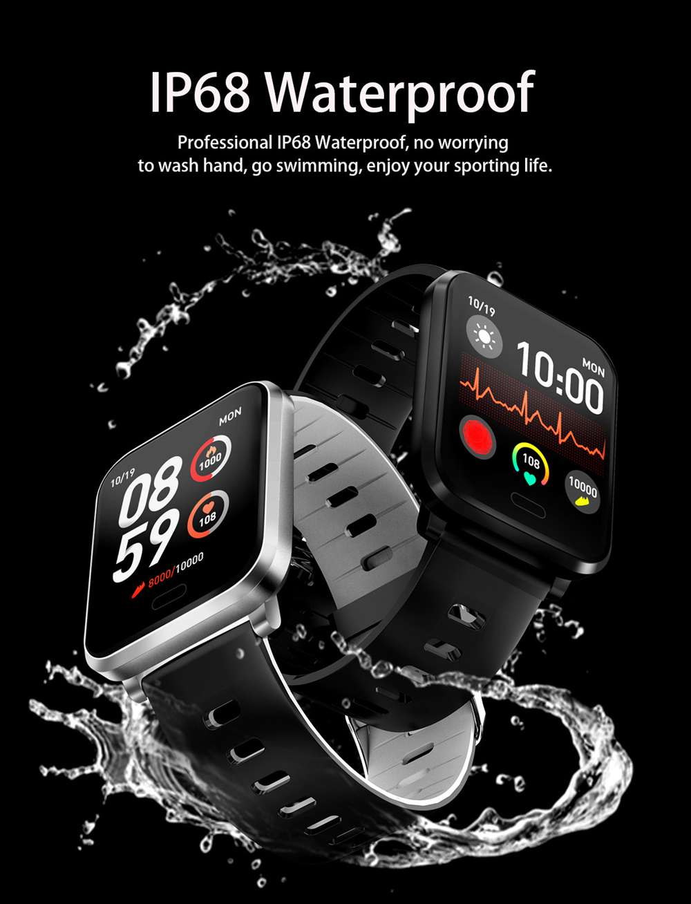 Makibes K10 Smartwatch Remote Camera 1.3 Inch Screen IP68 Water Resistant Heart Rate Blood Pressure Monitor - Black