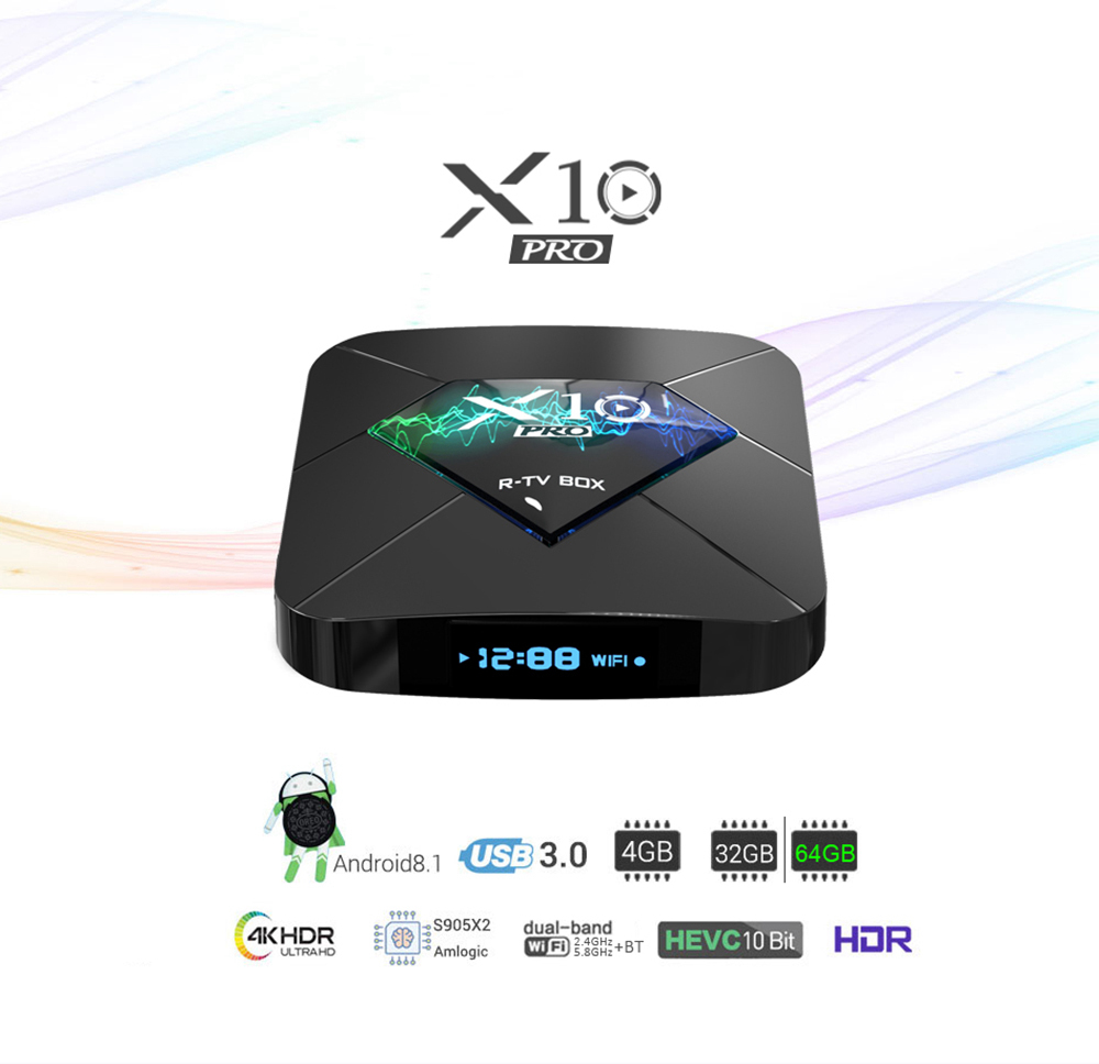 R-TV BOX X10 PRO Amlogic S905X2 Android 8.1 4GB DDR4 64GB eMMC 4K TV Box with LED Display Dual Band WiFi Bluetooth LAN USB3.0