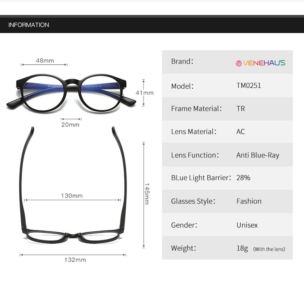 VENEHAUS Anti Blue Ray Glasses - Black
