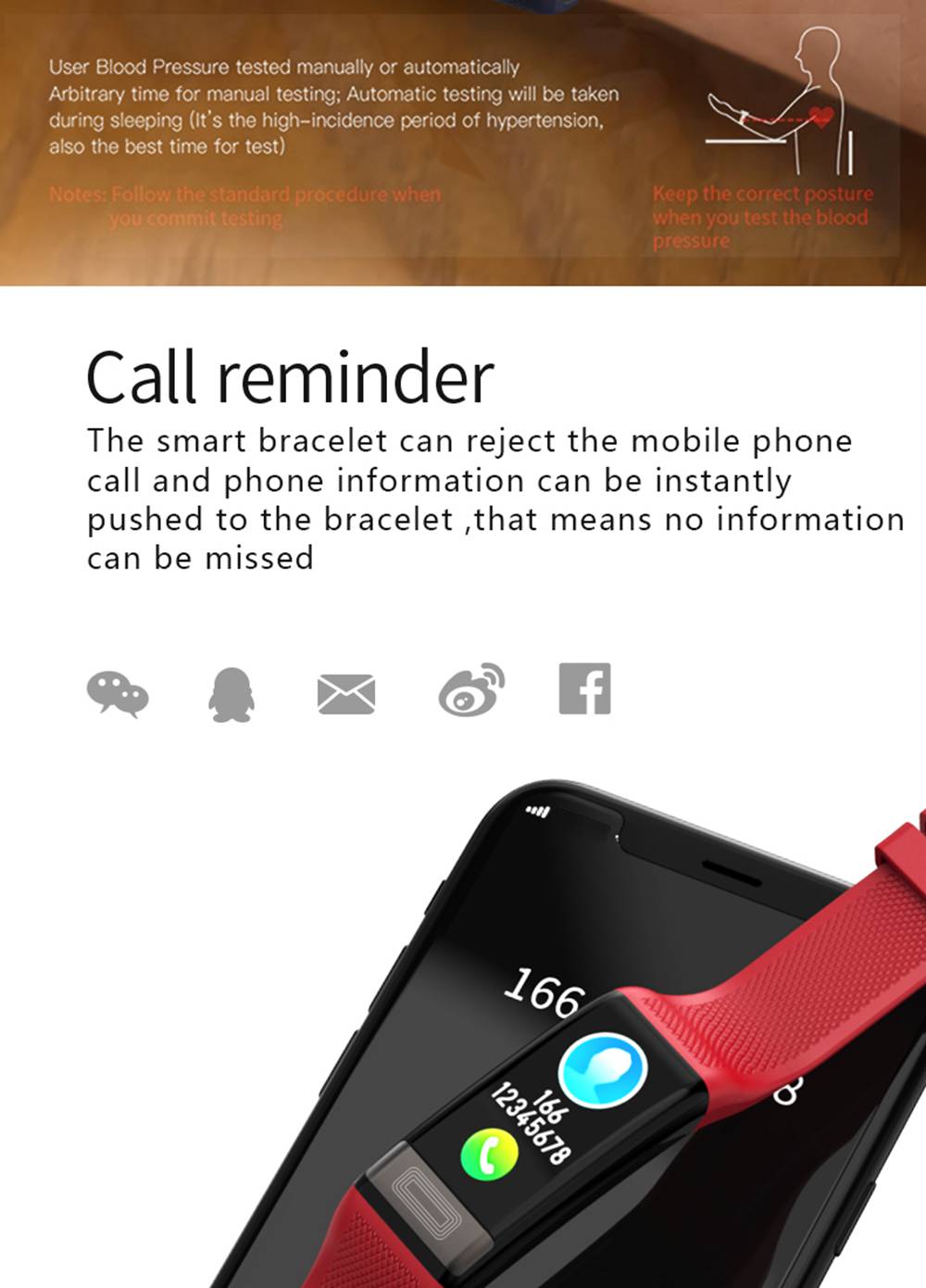 Makibes C20S Smart Bracelet Blood Oxygen Blood Pressure Monitor 1.14 Inch LCD Color Touch Screen IP67 Water Resistant Heart Rate Wristband - Black