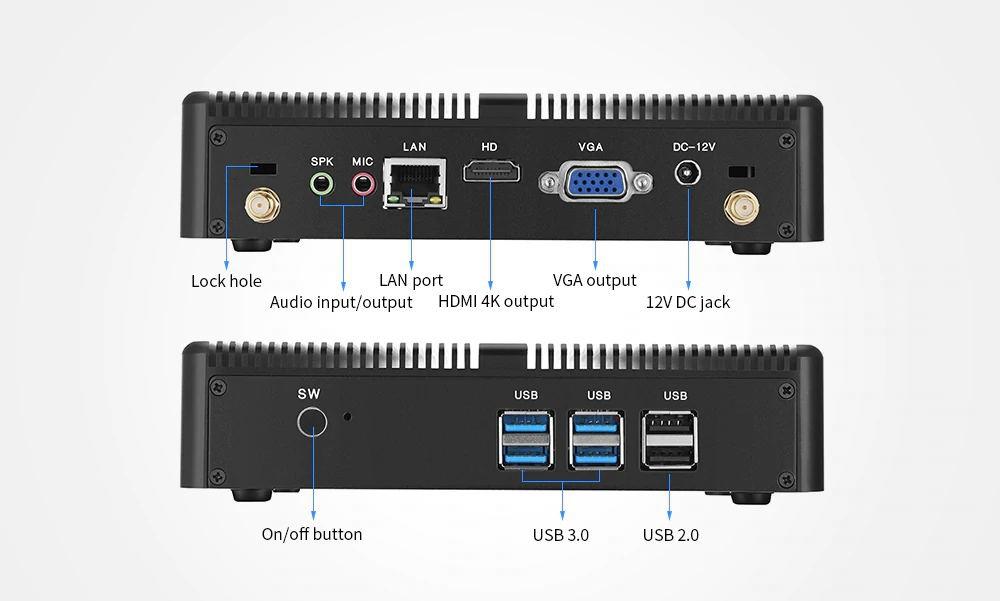 HYSTOU H2 Intel Core i3-5005U 8G RAM 128G SSD Fanless Mini PC 2.4G+5G WIFI 1000M LAN USB3.0 HDMI+VGA - Black
