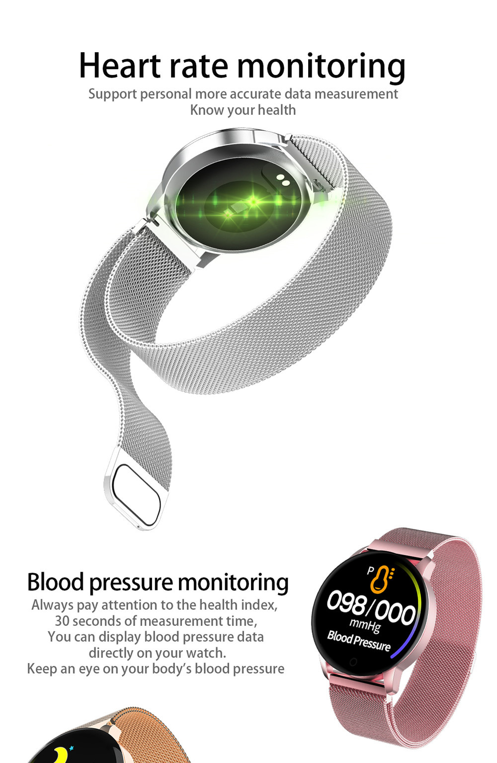 Makibes Q20 Smartwatch Blood Pressure Monitor 1.22 Inch IPS Screen IP67 Water Resistant Heart Rate Sleep Tracker Metal Strap - Pink