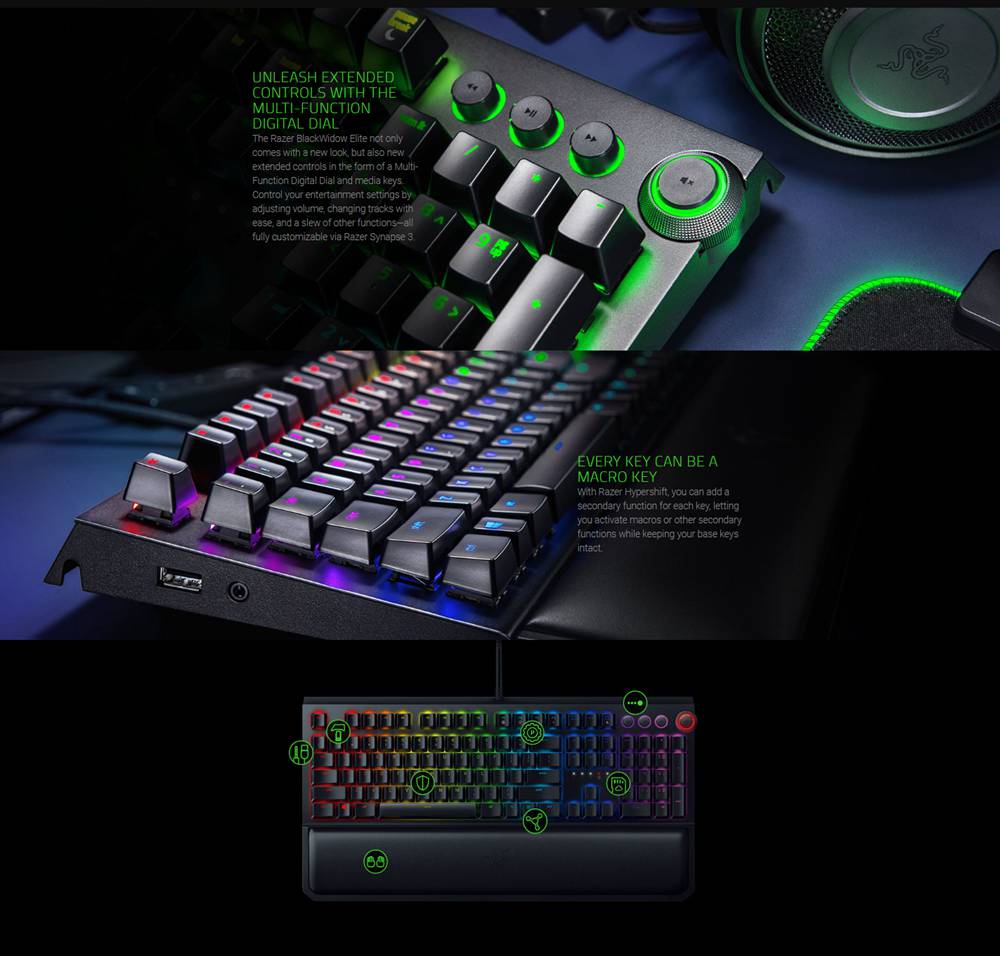 Razer BlackWidow Elite Wired Mechanical Gaming Keyboard 108 Key Tactile Green Switches RGB Lighting Programmable - Black