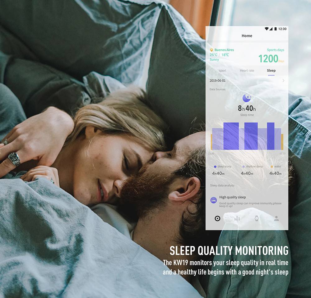 Model-KW19 SmartWatch 1.3 Inch TFT HD Screen IP67 Bluetooth 4.0 Heart Rate Blood Pressure Monitor - Black