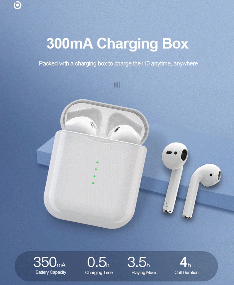 i10 TWS Bluetooth 5.0 Earbuds Tap Control Automatically Pairing - White