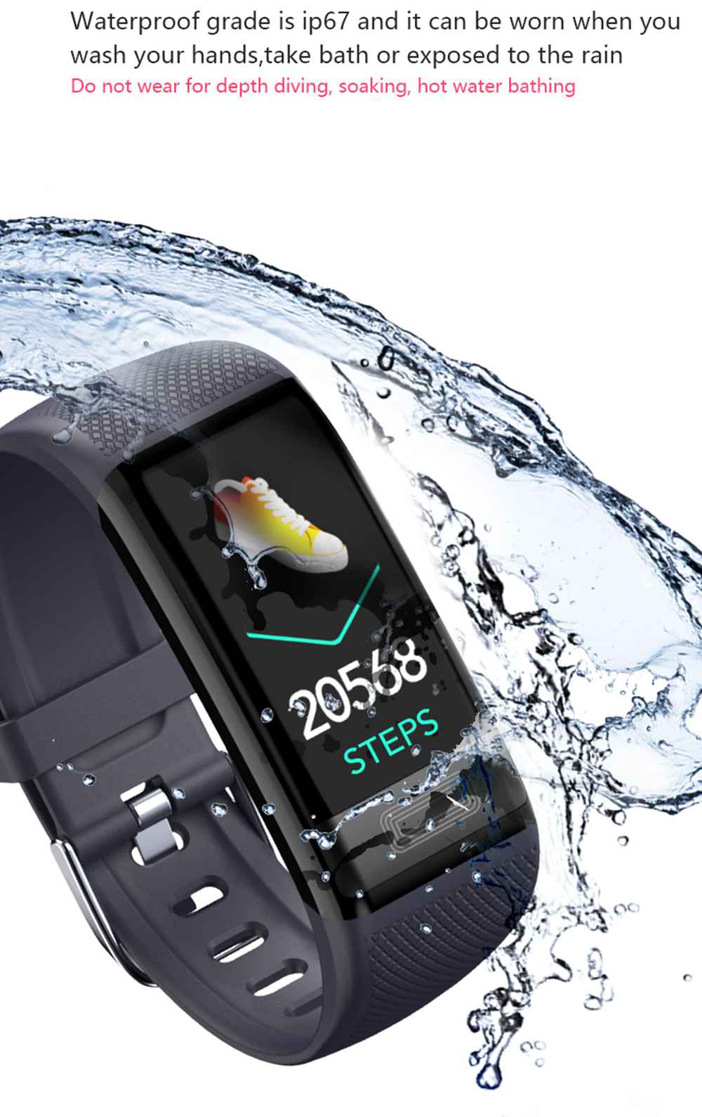 Makibes C20S Smart Bracelet Blood Oxygen Blood Pressure Monitor 1.14 Inch LCD Color Touch Screen IP67 Water Resistant Heart Rate Wristband - Black