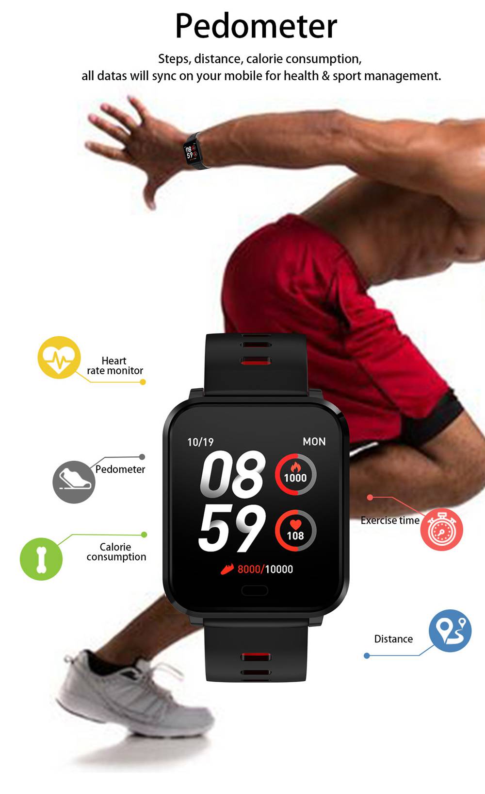 Makibes K10 Smartwatch Remote Camera 1.3 Inch Screen IP68 Water Resistant Heart Rate Blood Pressure Monitor - Black