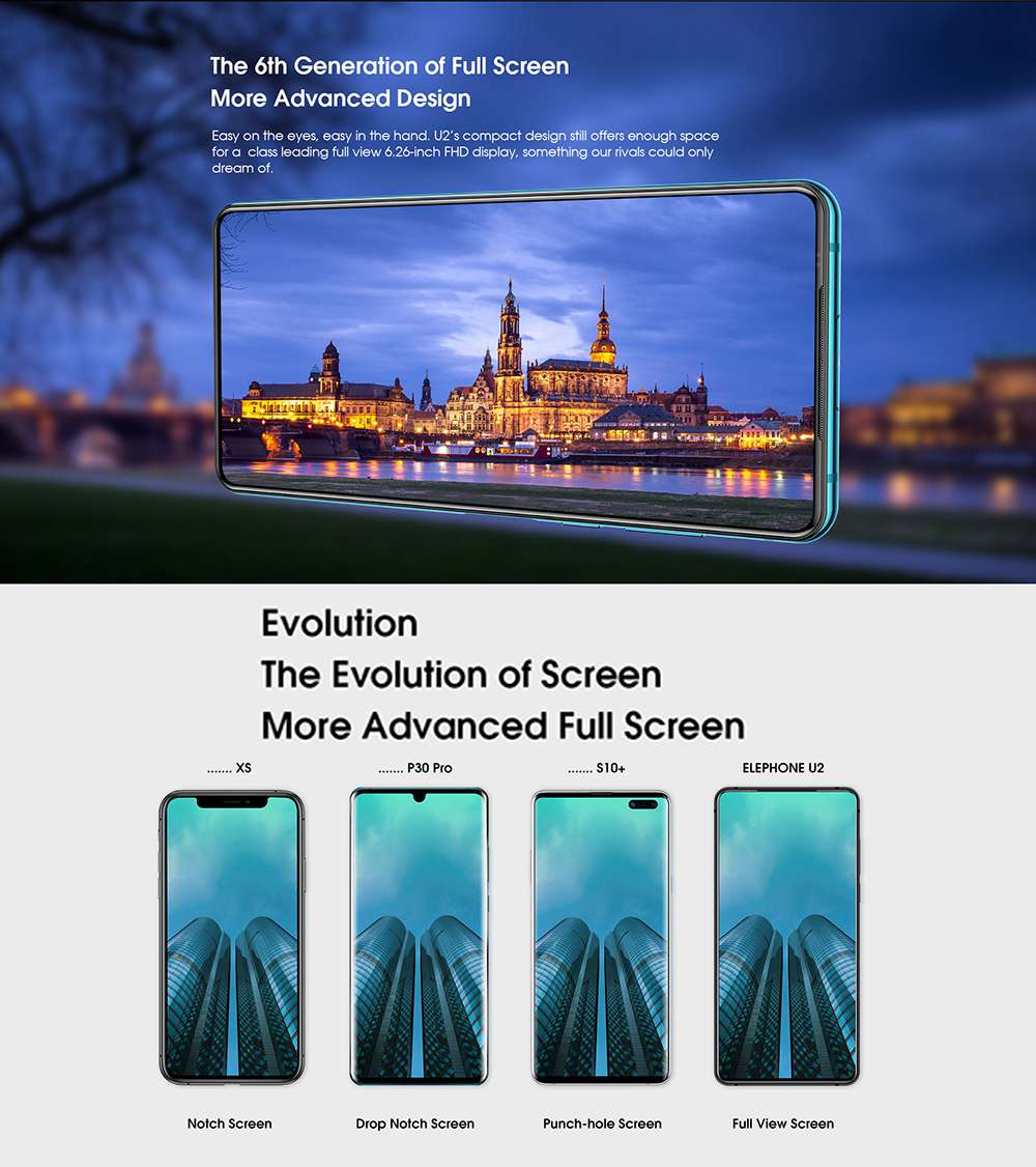 Elephone U2 6.26 Inch Mobile Phone Android 9.0 MT6771T P70 Octa Core FHD+ 6GB 128GB 16MP 3250mah Smartphone