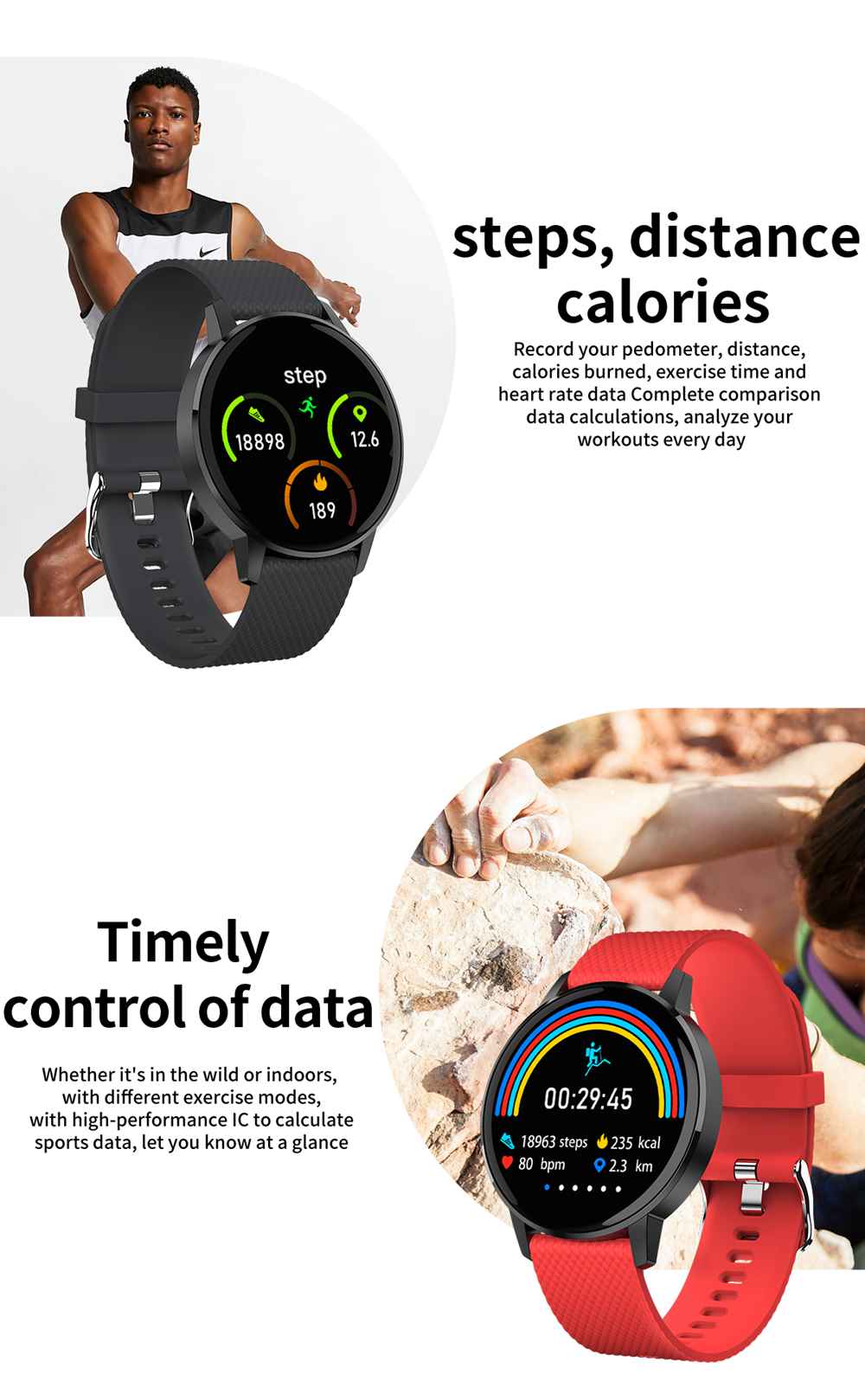 MAKIBES T4 Smart Watch 1.22 Inch Blood Pressure Heart Rate Monitor Fitness Tracker Silicone Strap - Black