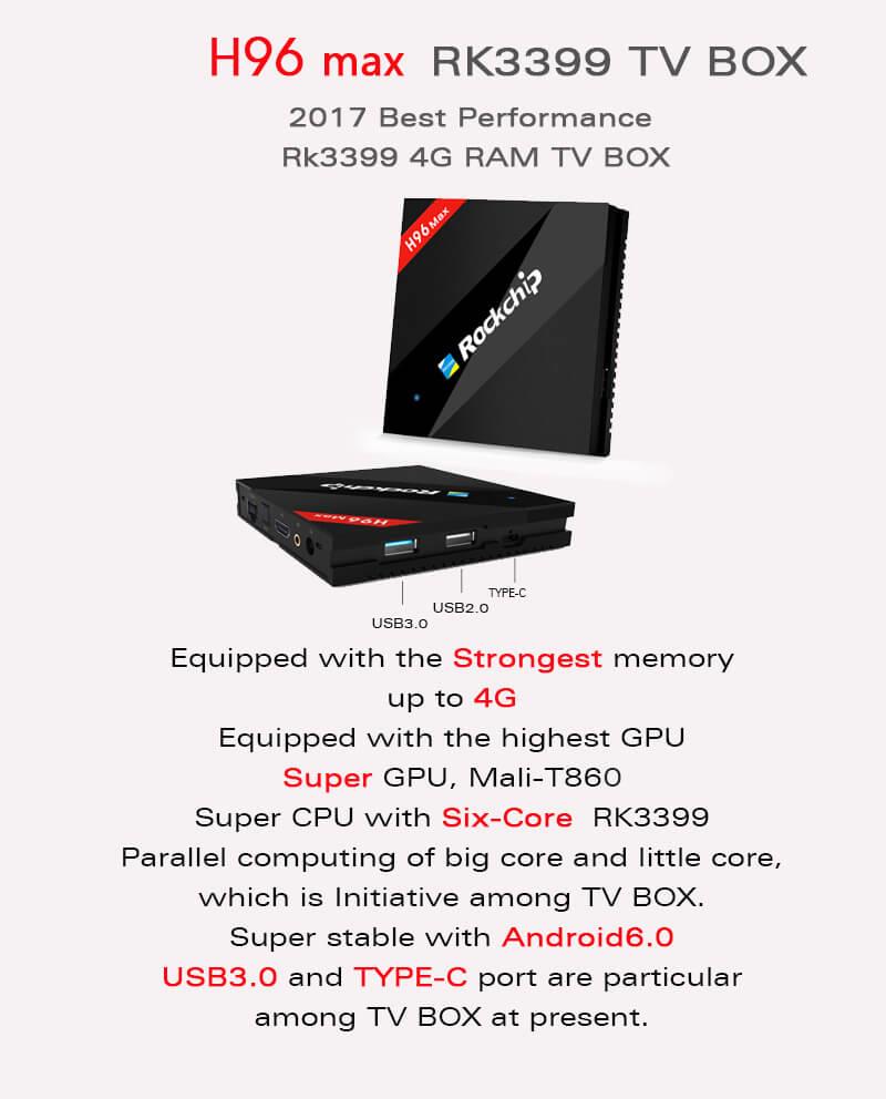 H96 MAX RK3399 Hexa Core 2.0Ghz 4K TV BOX Android 7.1 4GB/32GB Type-C USB3.0 AC WIFI 1000M LAN Bluetooth