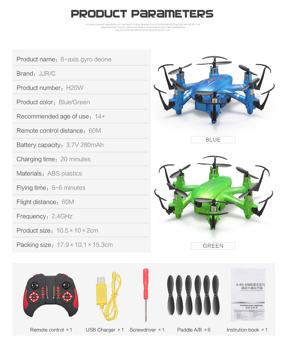 JJRC H20W WIFI FPV 2.0MP 720P HD Camera 3D Flip CF Mode 2.4G 6Axis Hexacopter VR Goggles Compatible with LED Light RTF - Blue