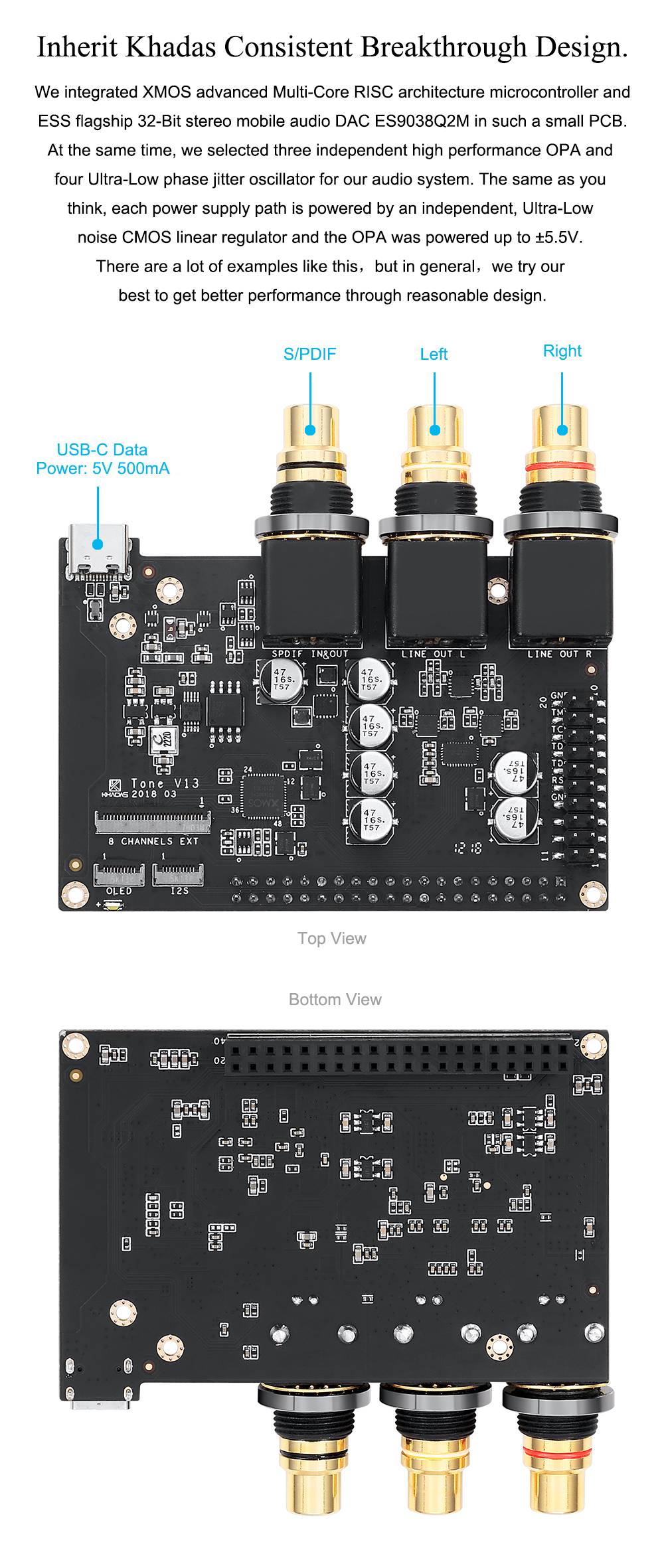 Khadas Tone Board VIMs Edition Hi-Res Audio XMOS ES9038Q2M DAC DSD256 384KHz 32 Bit Stereo Mobile Audio DAC