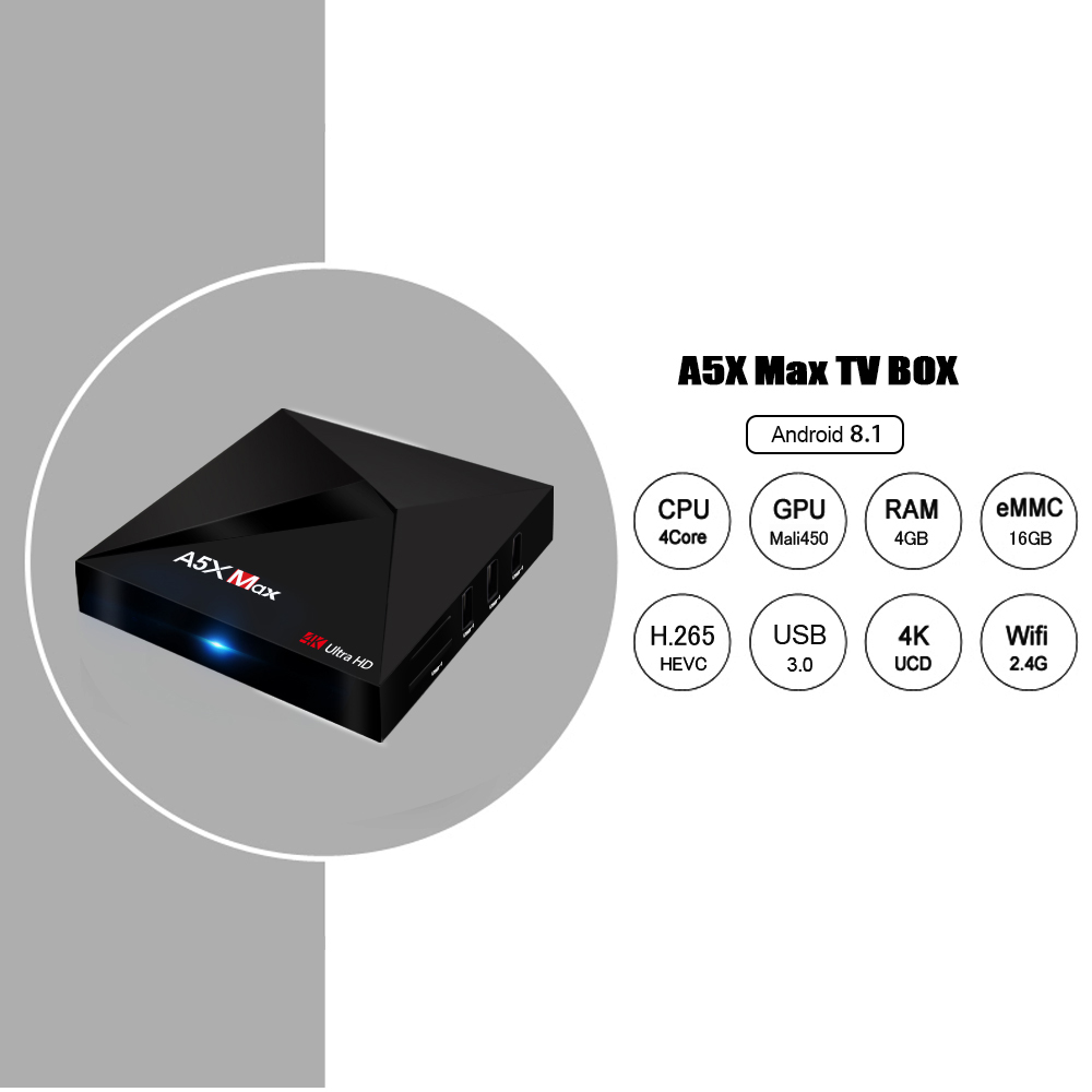 Bundle A5X MAX Android 8.1 Oreo KODI 17.3 RK3328 4K TV Box 4GB/16GB USB3.0 WIFI Bluetooth LAN VP9 H.265 HDMI + Tronsmart TSM01 EN Air Mouse