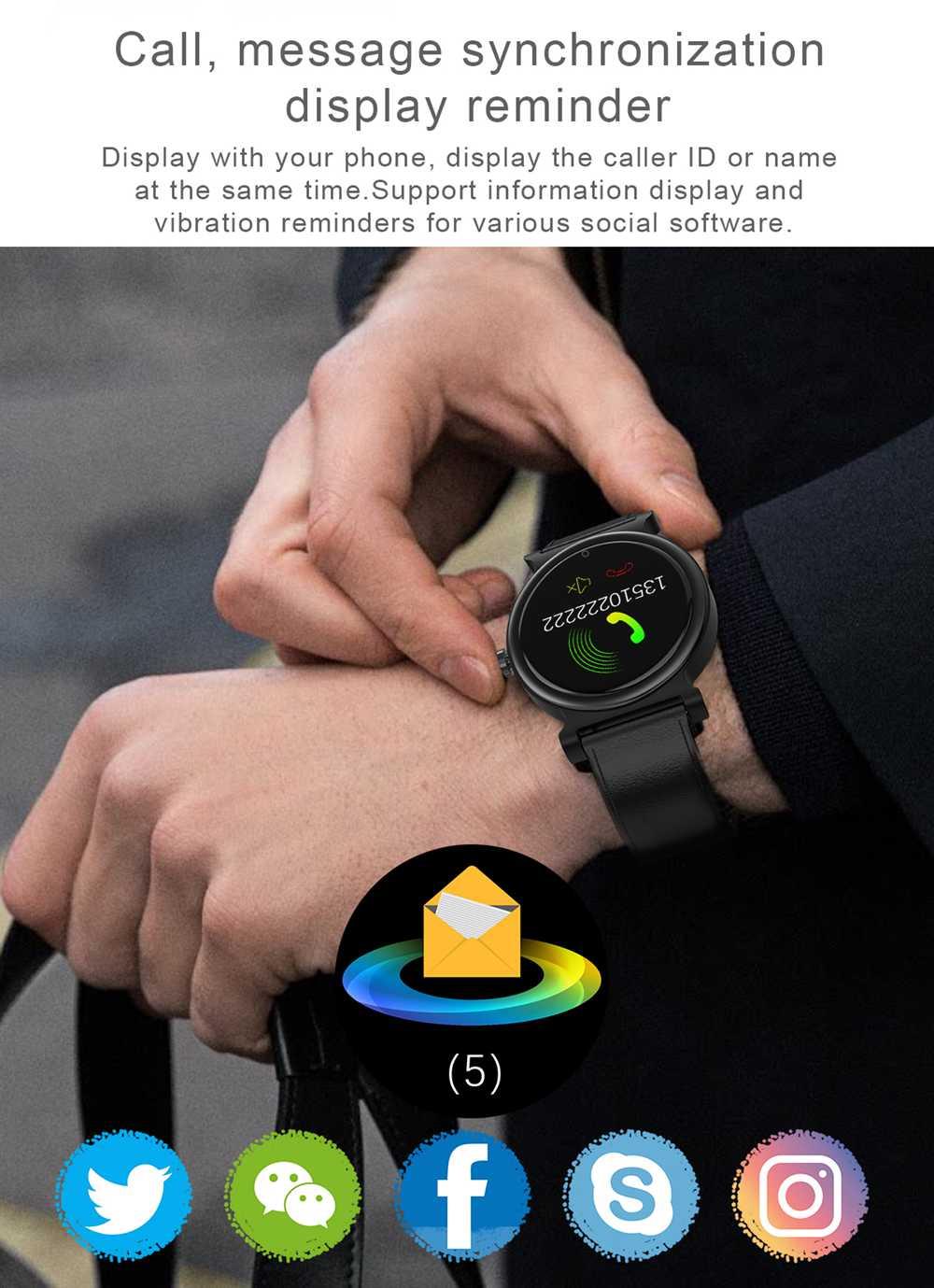 Makibes R20 Smartwatch 1.3 Inch LCD Colorful Screen Bluetooth 4.1 Heart Rate Monitor IP67 Fitness Tracker Leather Strap - Black