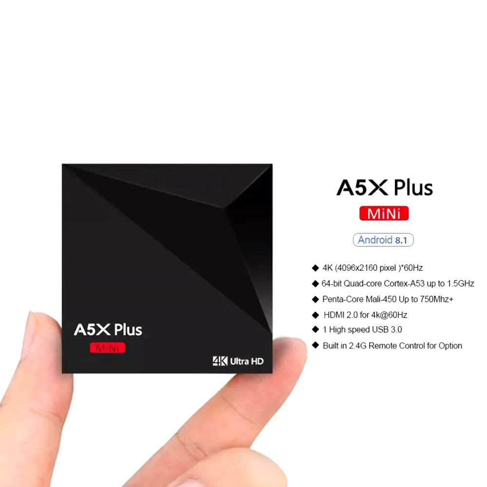 A5X Plus KODI 18.0 2GB/16GB Android 8.1 Oreo RK3328 4K VP9 TV Box 802.11 b/g/n WiFi LAN H.265 HDR10 USB3.0