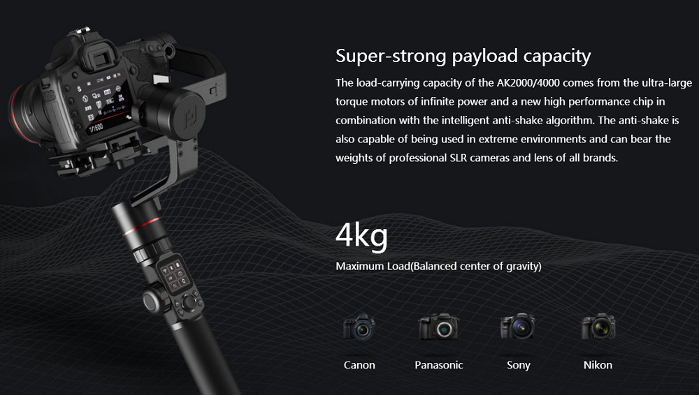 FeiyuTech AK4000 3-Axis Handheld Gimbal Stabilizer with LCD Touch Screen Max Load 4kg for Mirrorless DSLR Camera - Black