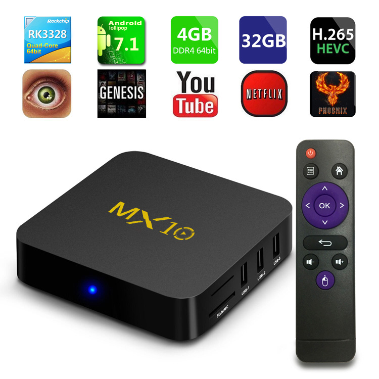[Spain Stock]MX10 Android 8.1 Oreo RK3328 4GB DDR4 32GB eMMC KODI 18.0 4K HDR TV BOX 802.1.1 b/g/n WIFI LAN VP9 HDMI USB3.0 - Black