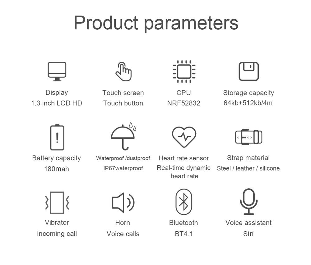 Makibes R20 Smartwatch 1.3 Inch LCD Colorful Screen Bluetooth 4.1 Heart Rate Monitor IP67 Fitness Tracker Leather Strap - Black