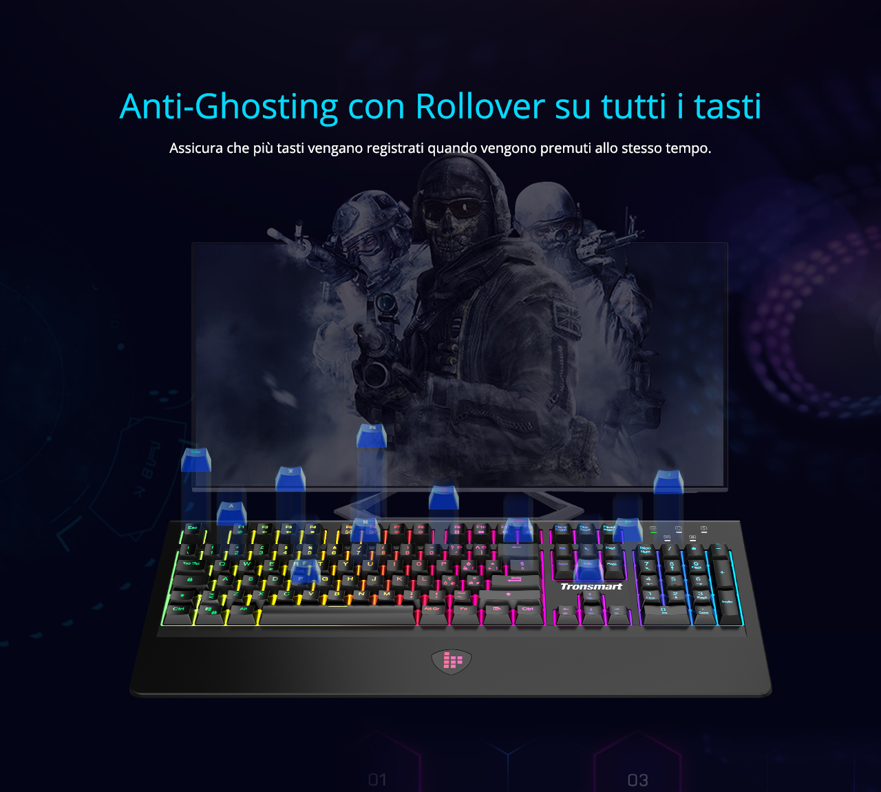 Tronsmart TK09R Mechanical Gaming Keyboard with RGB Backlght Macro Keys Blue Switches for Gamers - IT Layout
