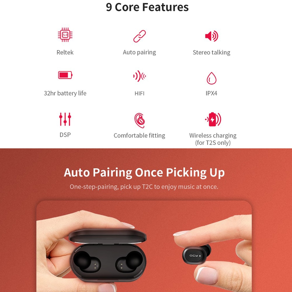 QCY T2S Bluetooth 5.0 TWS Earphones Wireless Charging Siri Google Assistant 800mAh Charging Case CVC 6.0 Noise Reduction