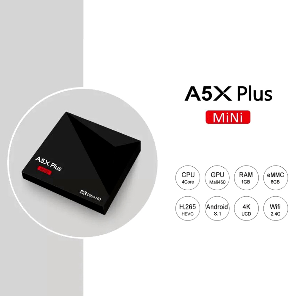 A5X Plus KODI 18.0 Android 8.1 Oreo RK3328 4K VP9 TV Box 1GB/8GB 802.11 b/g/n WiFi LAN H.265 HDR10 USB3.0