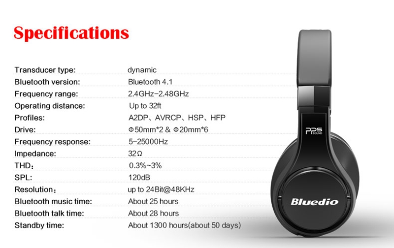 Bluedio UFO Bluetooth Headphones with Mic 3D Bass 8 Drivers HiFi - White