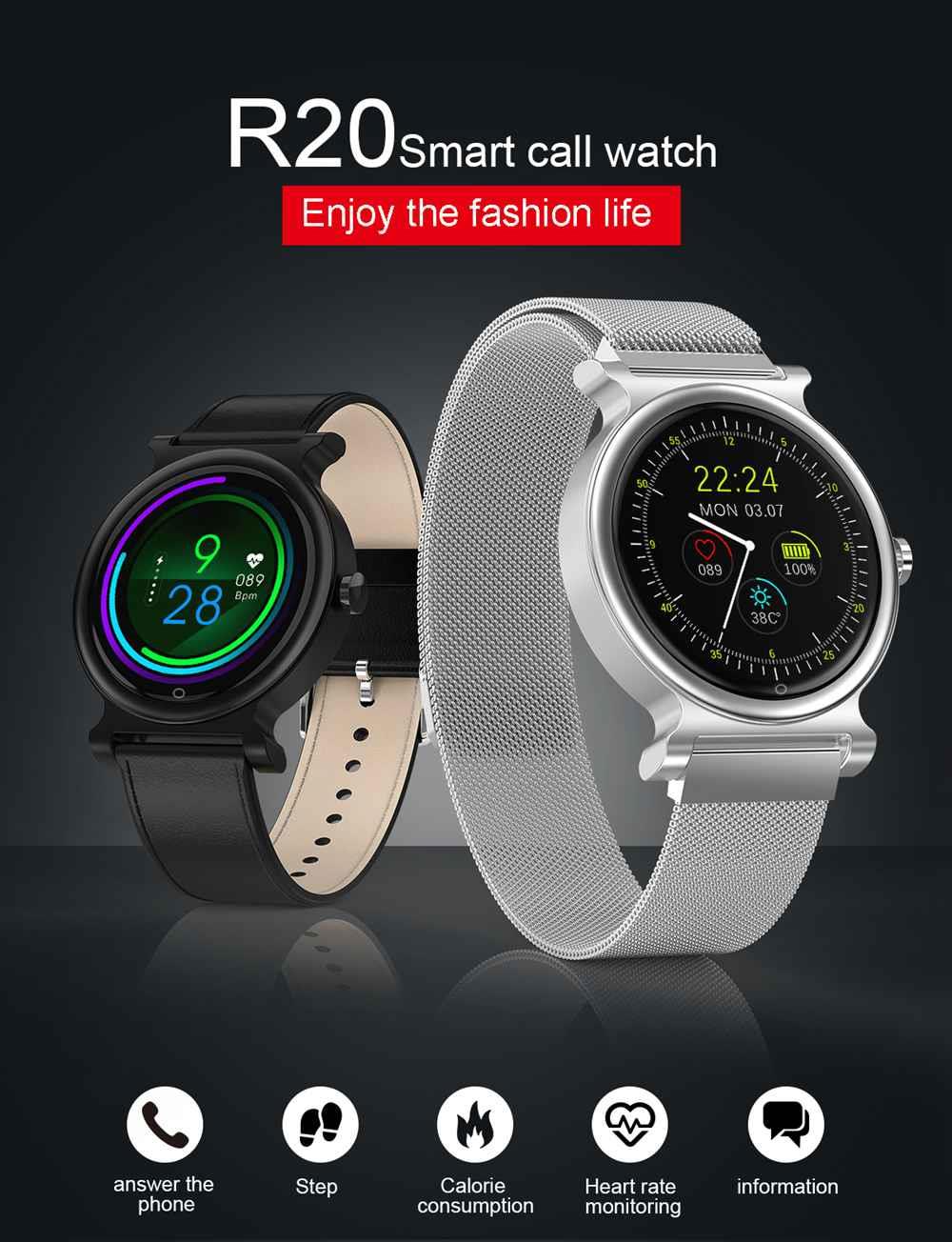 Makibes R20 Smartwatch 1.3 Inch LCD Colorful Screen Bluetooth 4.1 Heart Rate Monitor IP67 Fitness Tracker Leather Strap - Black