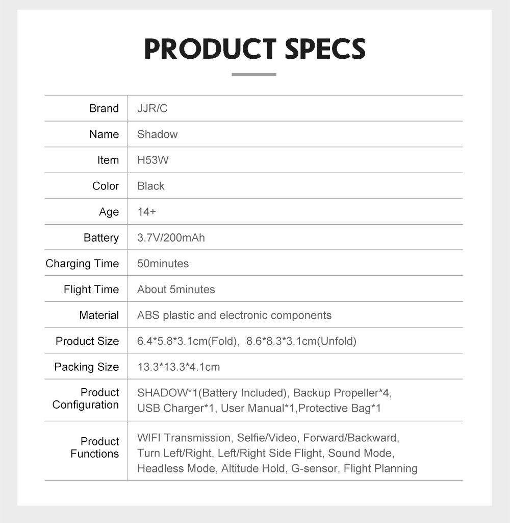 JJRC H53W Shadow WIFI FPV Foldable Drone with 480P Camera Altitude Hold Mode RC Quadcopter BNF - Black