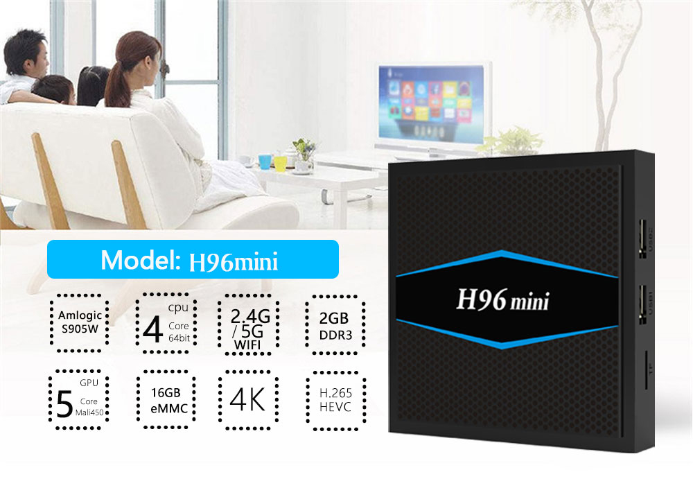 H96 Mini Amlogic S905W 2GB/16GB KODI 17.6 Android 7.1.2 TV BOX 2.4G/5G Dual Band WIFI Bluetooth LAN HDMI
