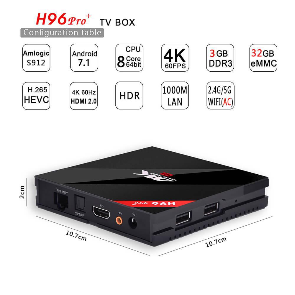 H96 PRO Plus KODI 17.3 Android 7.1 Amlogic S912 TV BOX 4K 3GB/32GB 802.11AC WIFI 1000M LAN