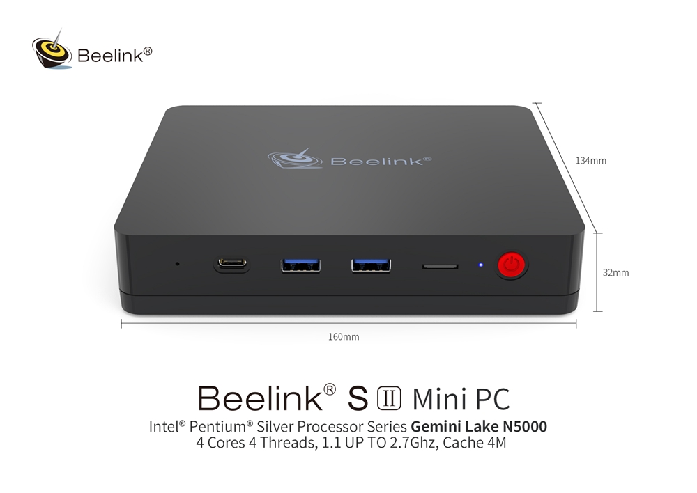 Beelink S2 Gemini Lake N5000 2.7Ghz Intel® UHD Graphics 605 8GB LPDDR4 128GB SSD Licensed Windows 10 Mini PC Dual Band WIFI Gigabit LAN Bluetooth 2.5 inch HDD Bay Support Cortana