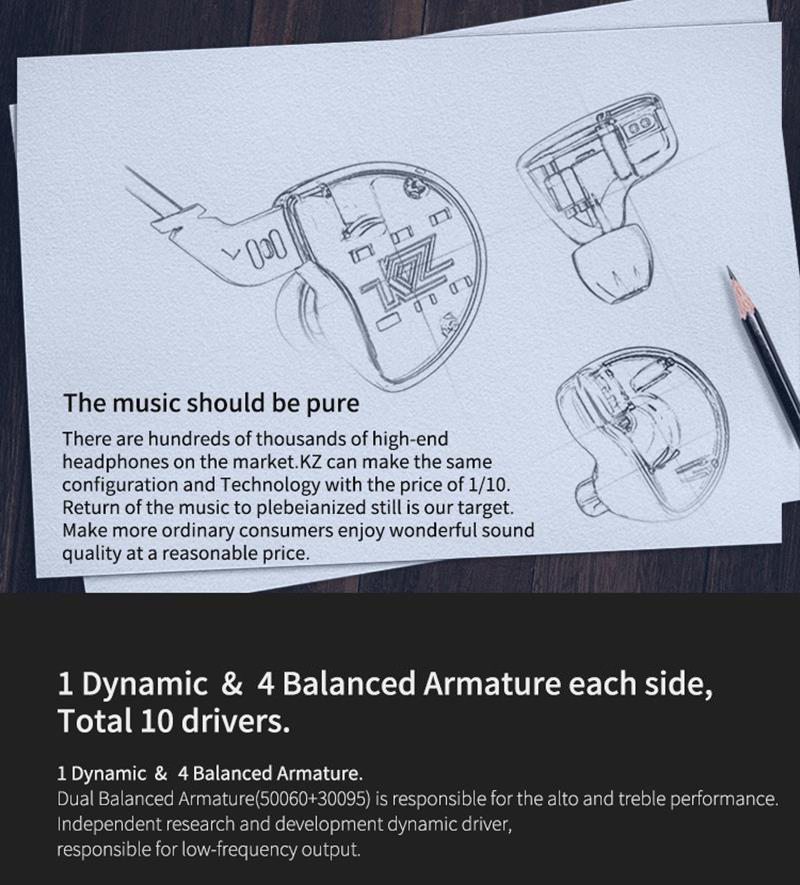 KZ ZS10 HiFi Hybrid Earphone with Mic 10 Drivers 4BA + 1DD  4 Balanced Armature Dynamic Heavy Bass - Black