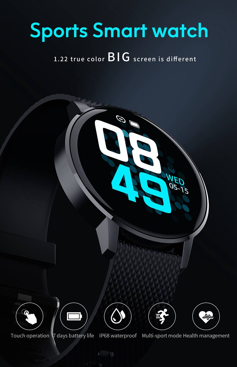 MAKIBES T4 Smart Watch 1.22 Inch Blood Pressure Heart Rate Monitor Fitness Tracker Silicone Strap - Black