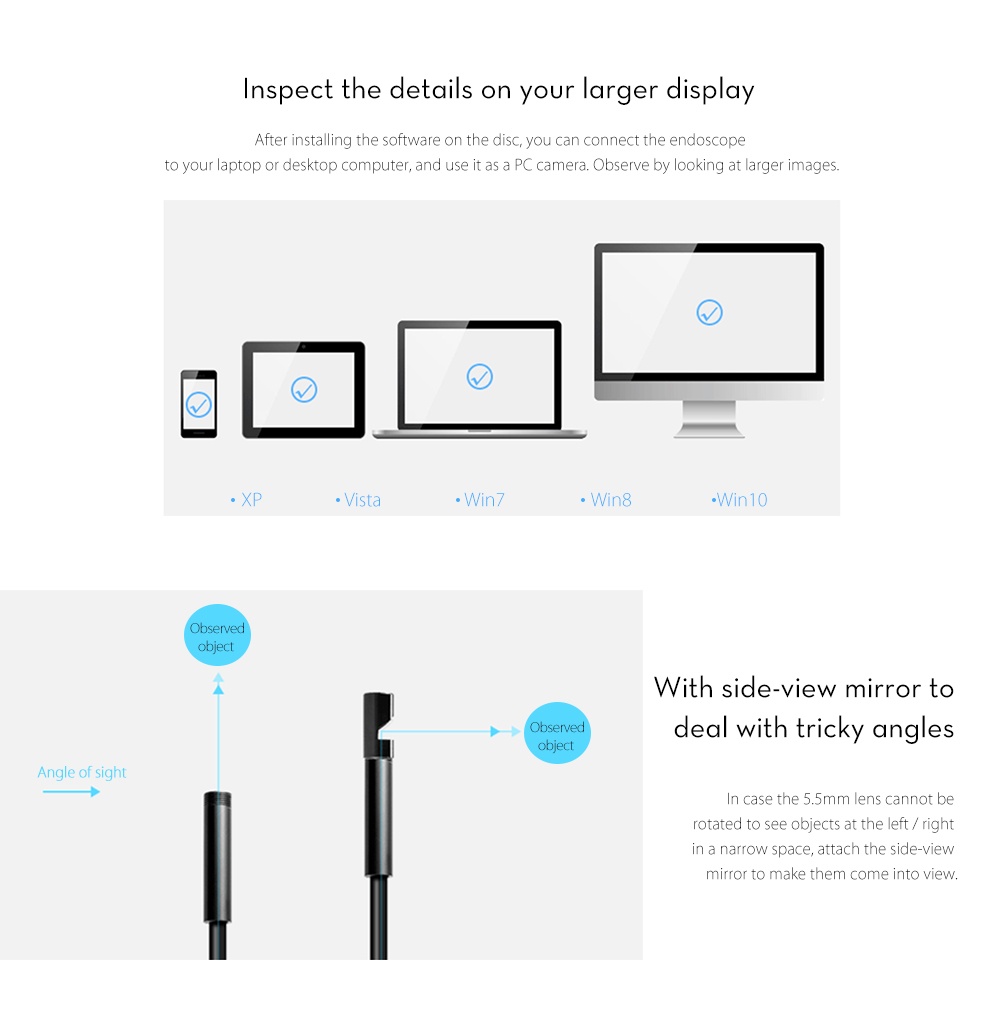 3.5M 7mm Endoscope Camera 640*480 Phones/1280*720 PC for Android