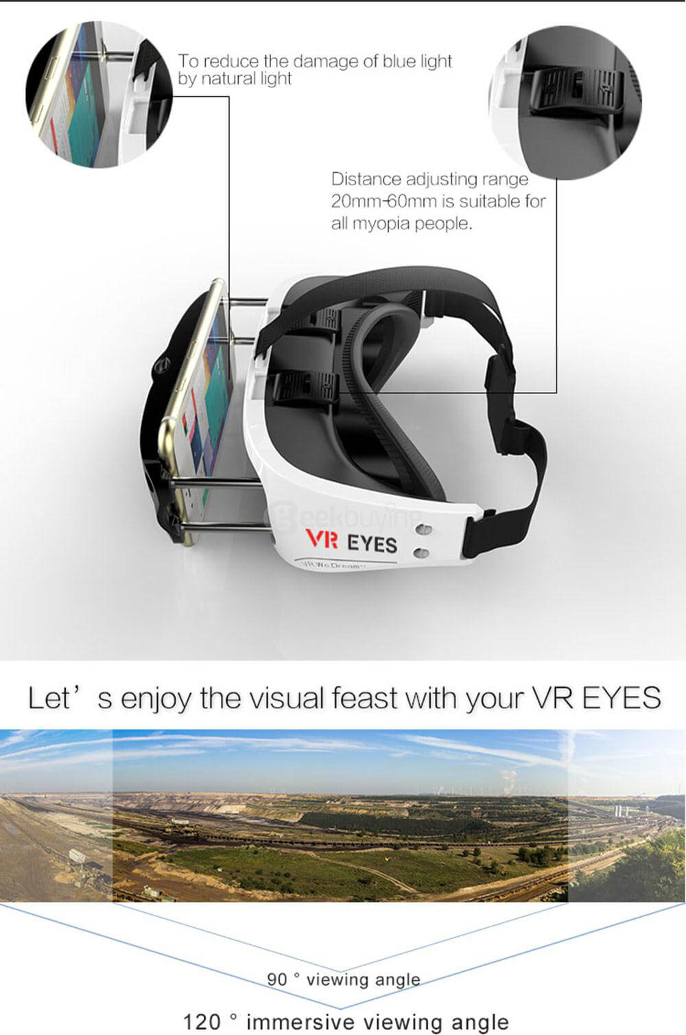 VR-eyes V1 FOV124 Immersive 3D VR Virtual Reality Headset IPD & Focus Adjustable for 3.5-5.7inches Smartphones - Golden