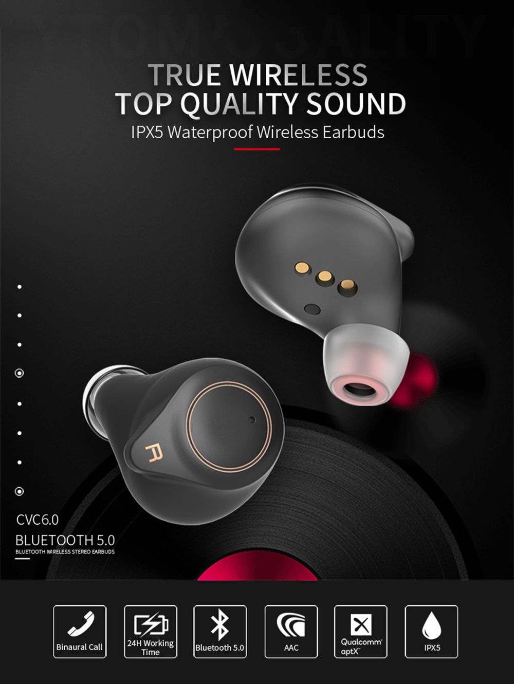 T1-APTX Bluetooth 5.0 TWS Earphones AAC/aptX/SBC Unilateral Use Binaural Call 300mAh Charging Box with Type-C Cable