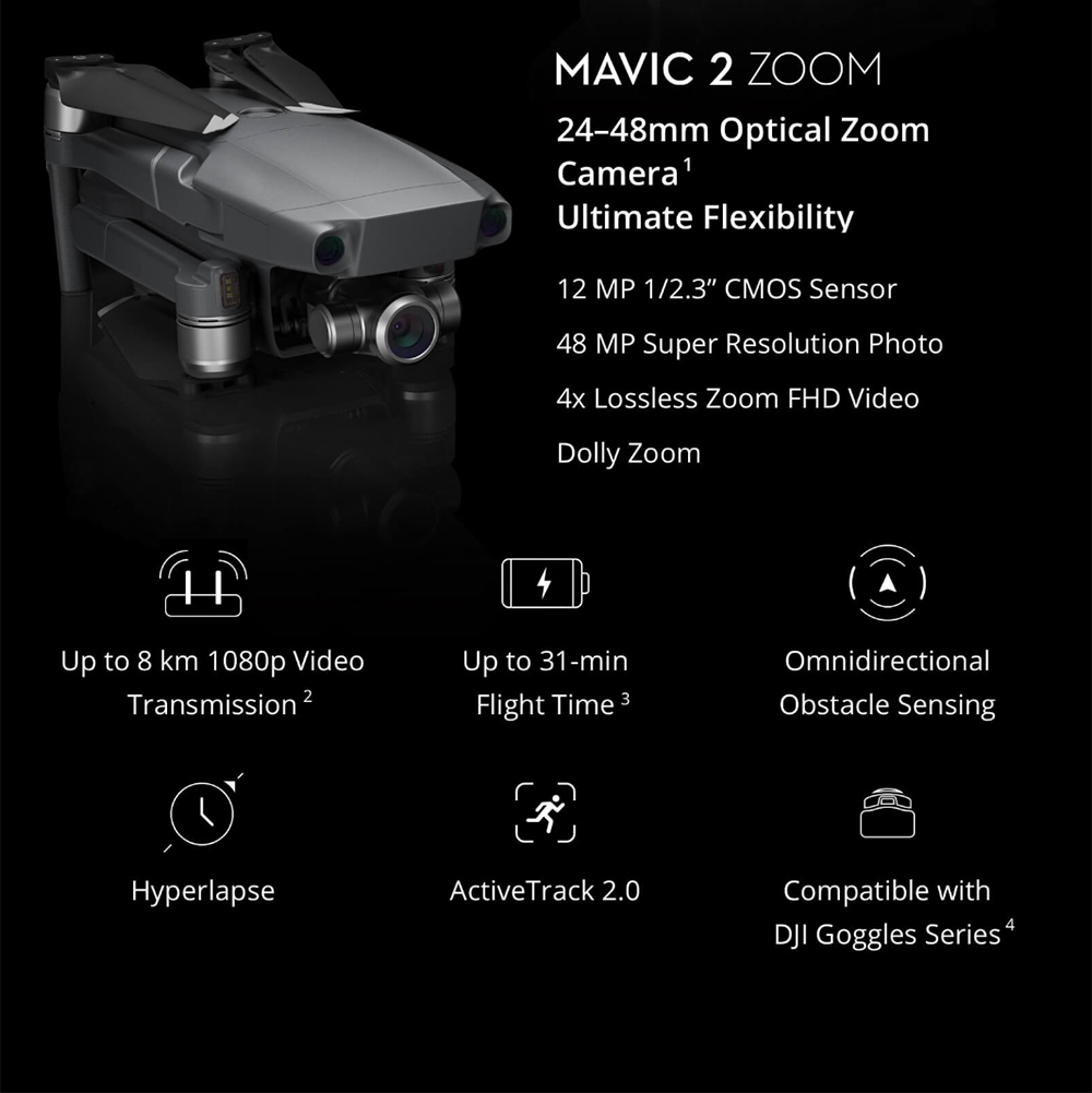 DJI Mavic 2 Zoom 3-Axis Gimbal Camera 1/2.3" CMOS Sensor 2x Optical Zoom 48MP Super Resolution Photo Foldable RC Drone
