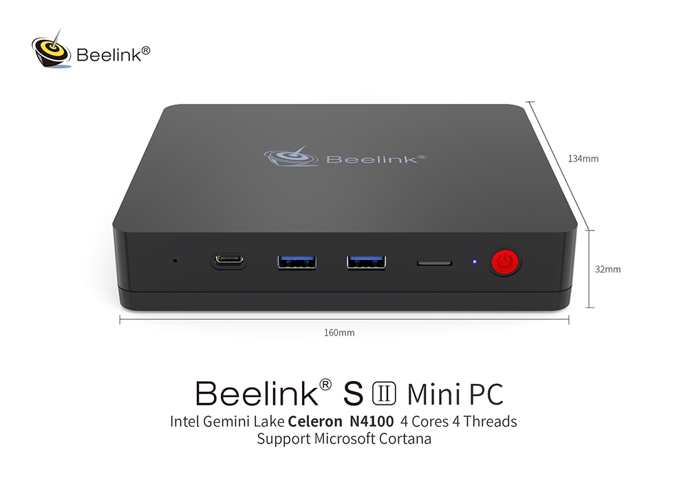 Beelink S2 Gemini Lake N4100 2.4Ghz Intel® UHD Graphics 600 4GB LPDDR4 64GB eMMC Windows 10 Mini PC Intel Dual Band WIFI Gigabit LAN Bluetooth Support Cortana 2.5 inch HDD Bay