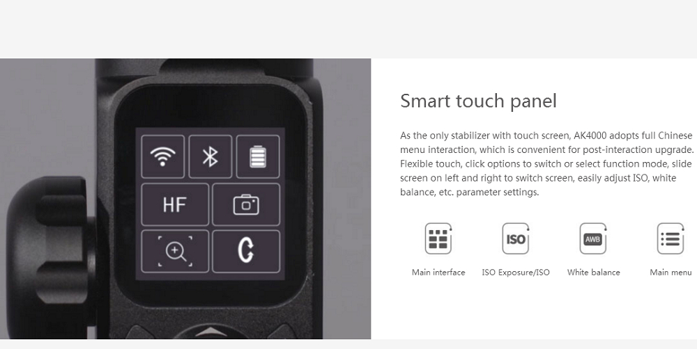 FeiyuTech AK4000 3-Axis Handheld Gimbal Stabilizer with LCD Touch Screen Max Load 4kg for Mirrorless DSLR Camera - Black